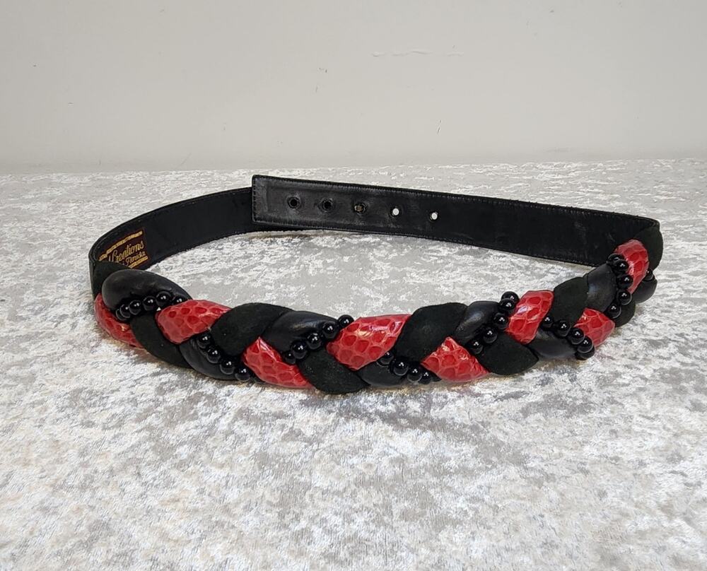 Vintage Waldorf Creations Miami Florida Black & Red Leather Belt- Size XS